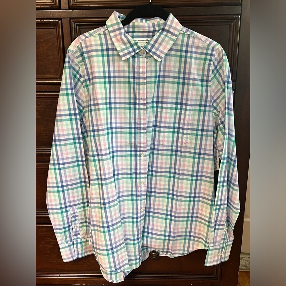 The Drop Pastel Gingham Button Down Shirt Medium. Blue green lavender. NWT